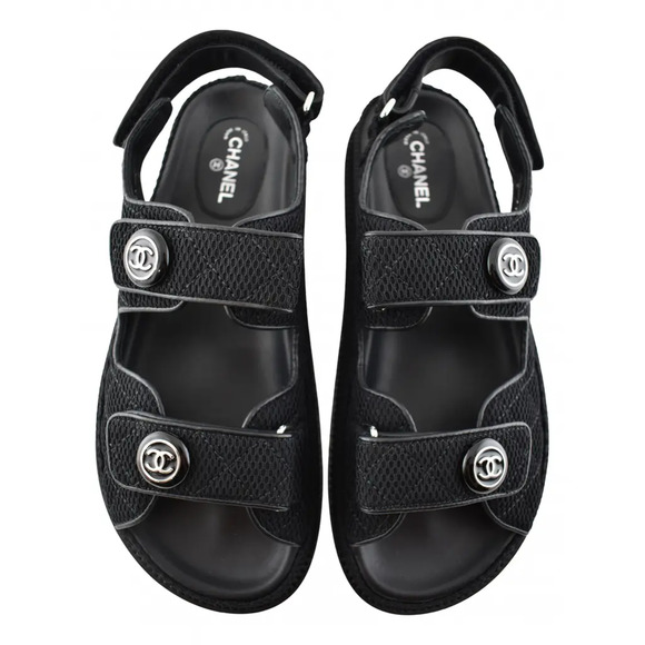 Chanel 21C Black Fabric Silver Logo Mule Slide Strap Flat Teva Dad Sandal 35.5 - Picture 1 of 12
